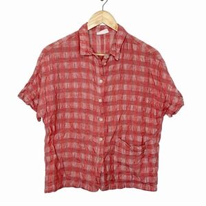 Poetry Linen Cotton Plaid Shirt Pink Womens Size 2 Fisherman Lagenlook Boxy